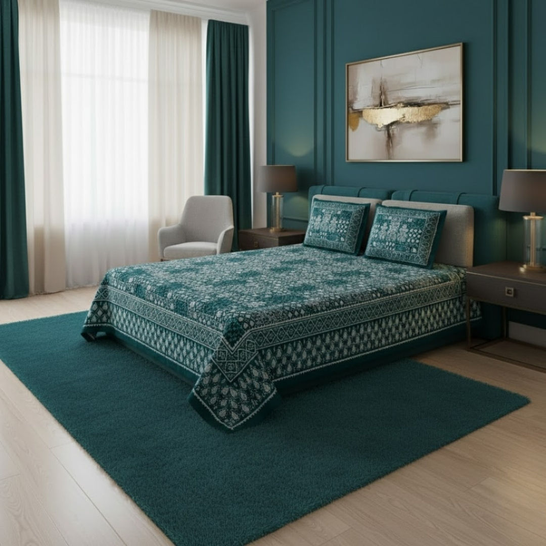 Green Conic Dabu Print Jaipuri Double Bedsheet